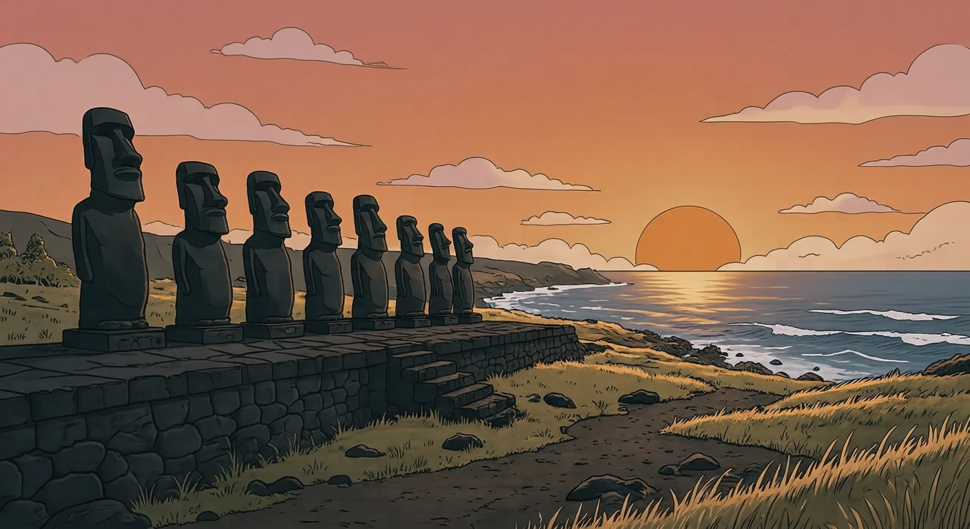世界遺産・夕日に照らされたモアイのイラスト(シンプル線画)