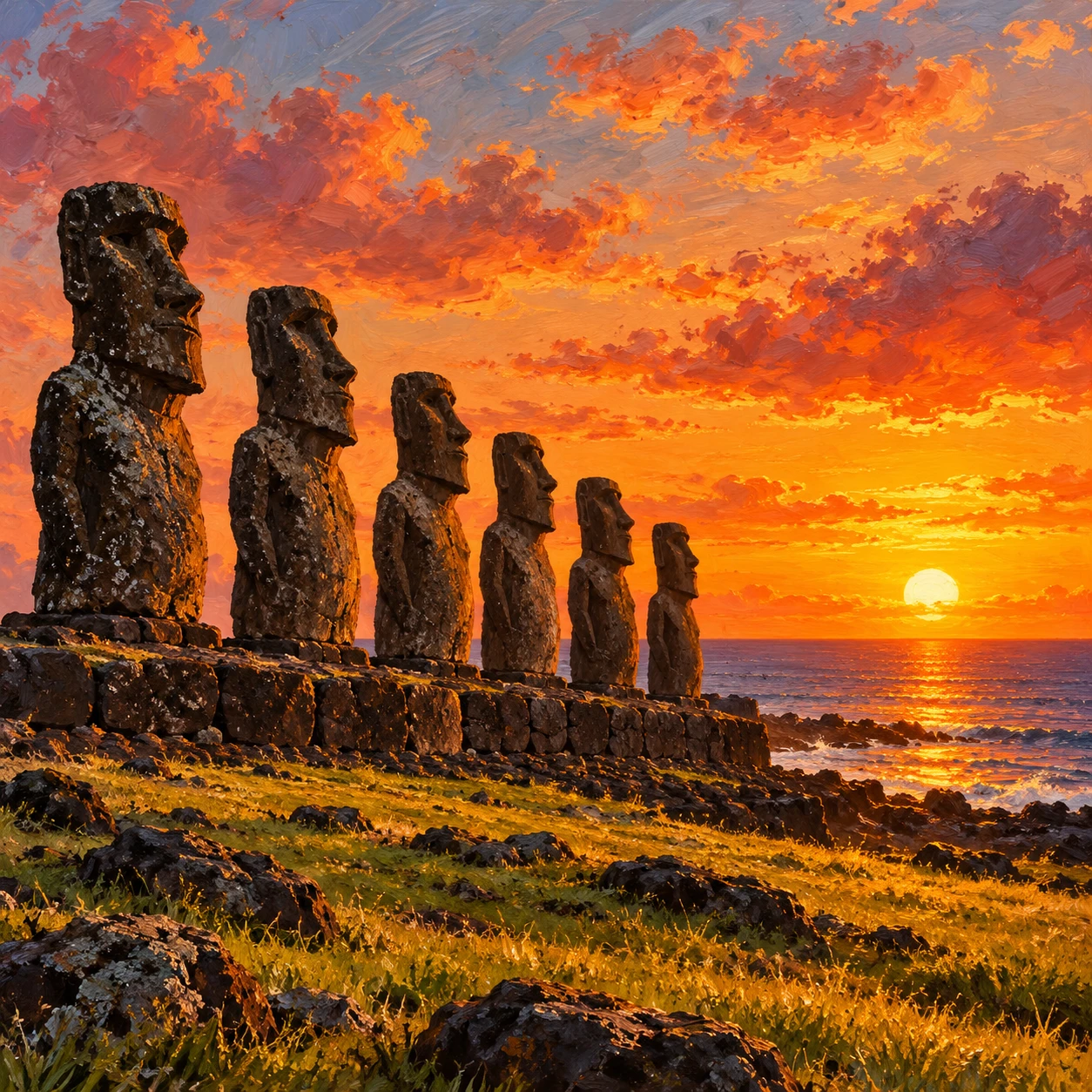 世界遺産・夕日に照らされたモアイのイラスト（油彩）