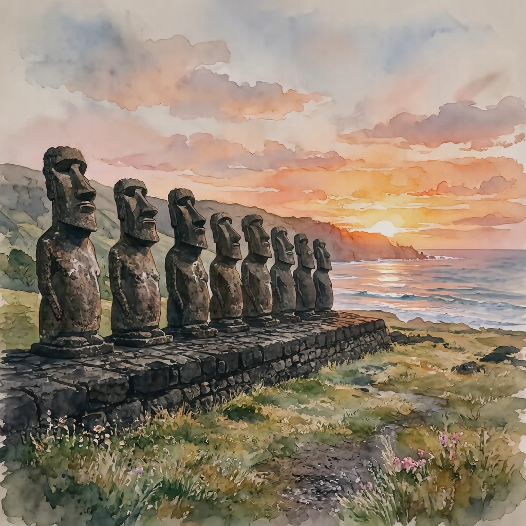 世界遺産・夕日に照らされたモアイのイラスト(水彩)