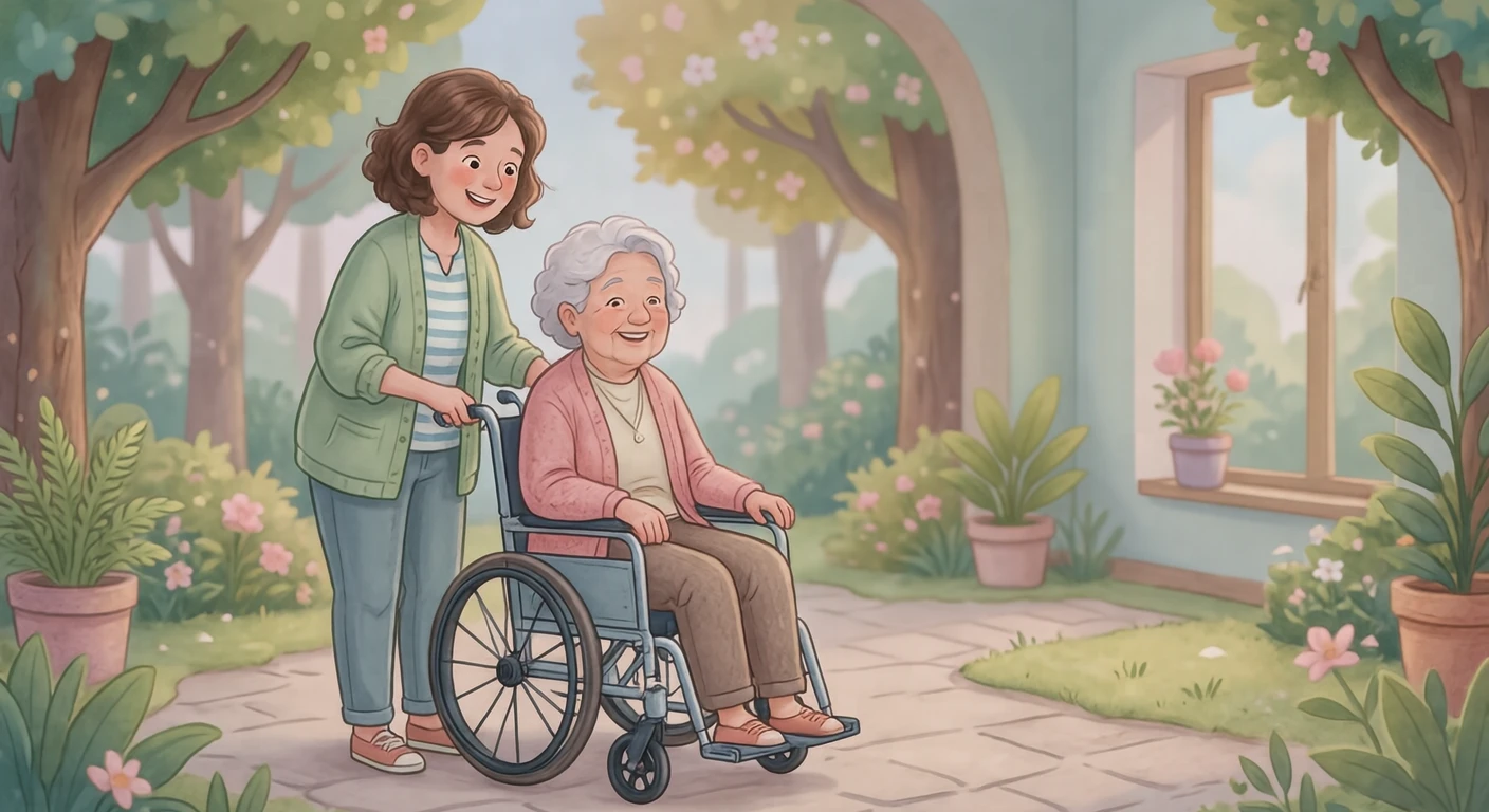 車椅子の高齢者を介助する介護士のイラスト（ソフトパステル）