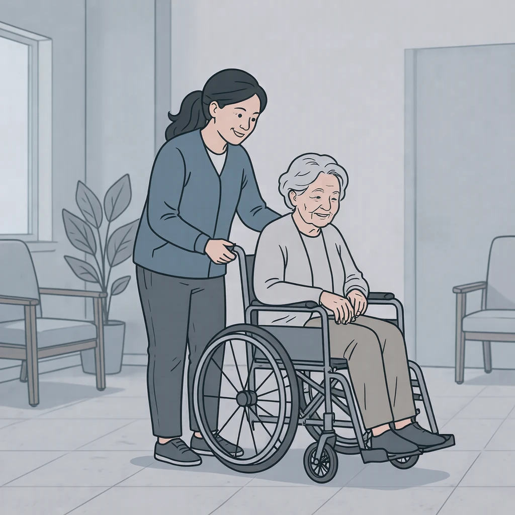車椅子の高齢者を介助する介護士のイラスト（シンプル線画）