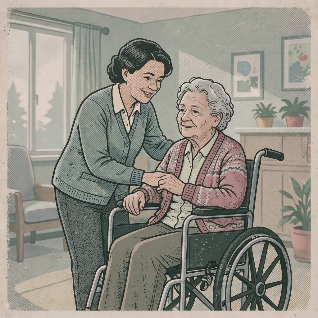 車椅子の高齢者を介助する介護士のイラスト（レトロ印刷）