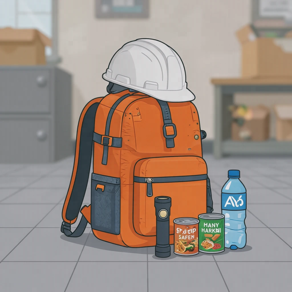 ヘルメットと懐中電灯・非常食をまとめた防災用品のイラスト（フラットイラスト）