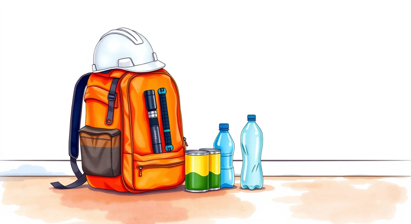 ヘルメットと懐中電灯・非常食をまとめた防災用品の水彩イラスト
