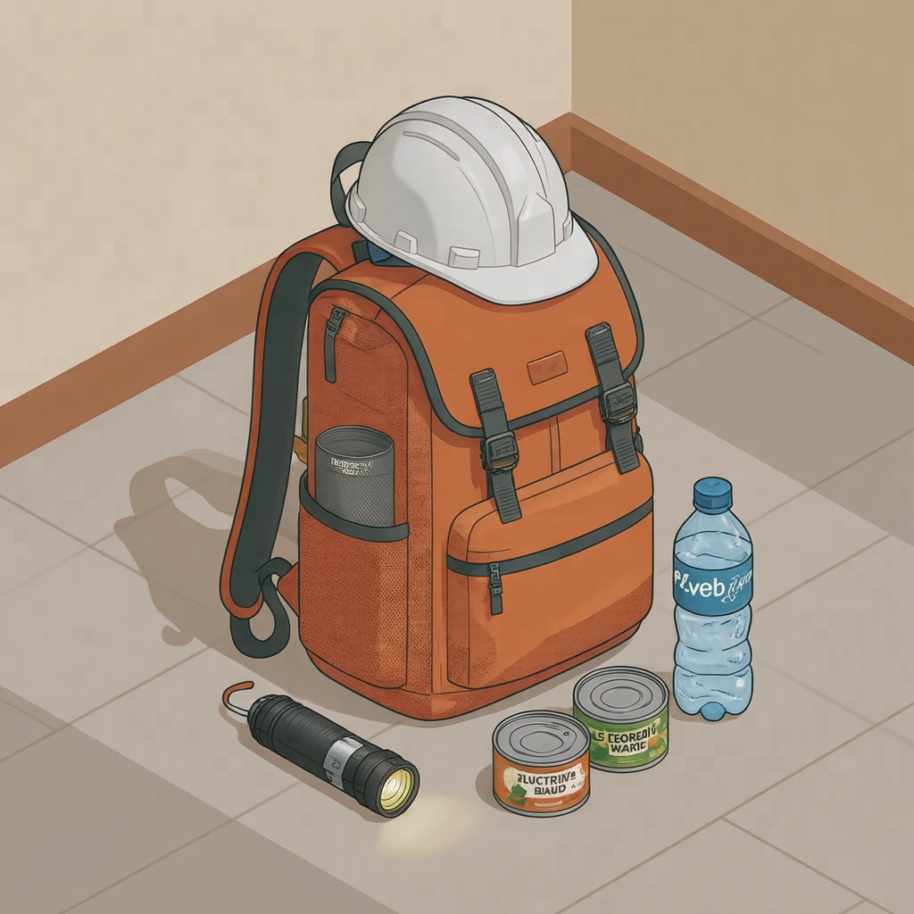 ヘルメットと懐中電灯・非常食をまとめた防災用品のイラスト（アイソメトリック）