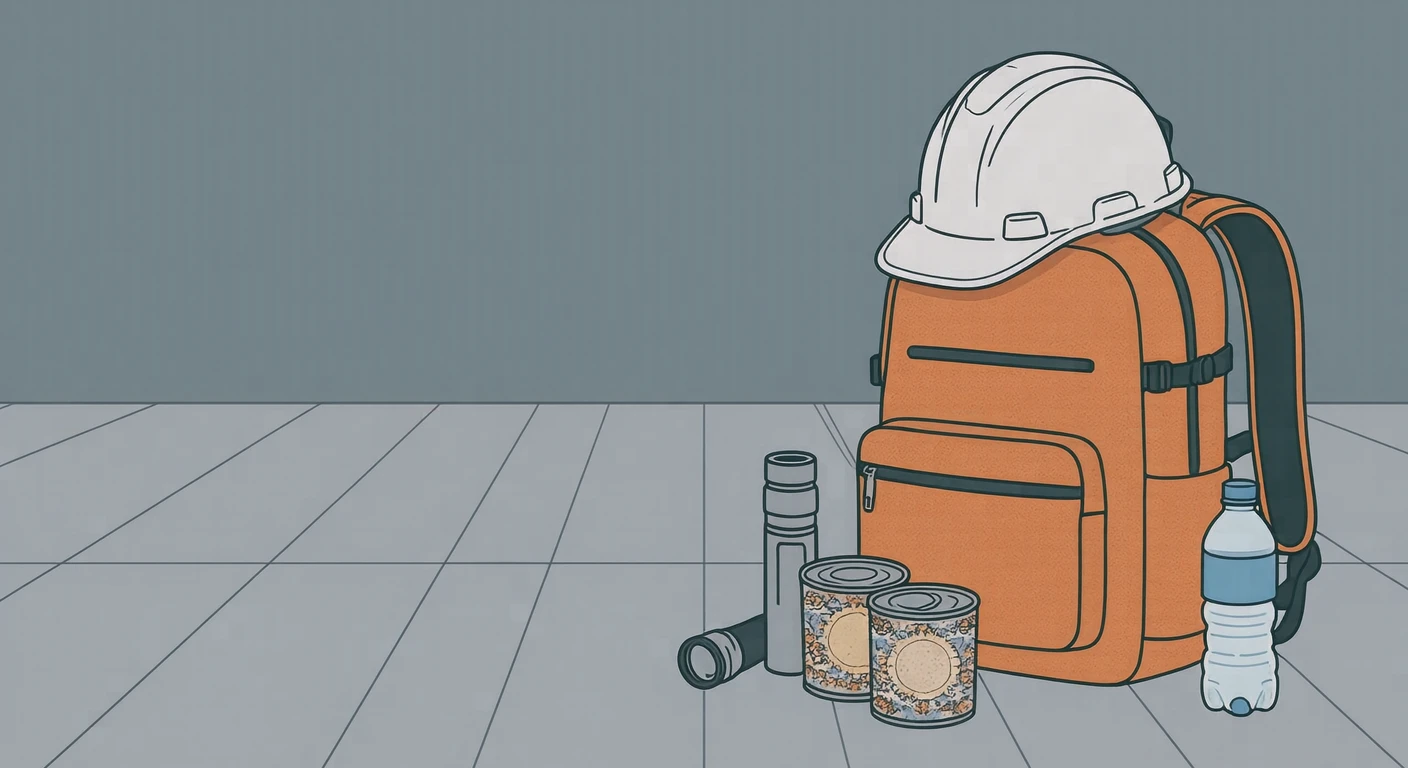 ヘルメットと懐中電灯・非常食をまとめた防災用品のイラスト（シンプル線画）