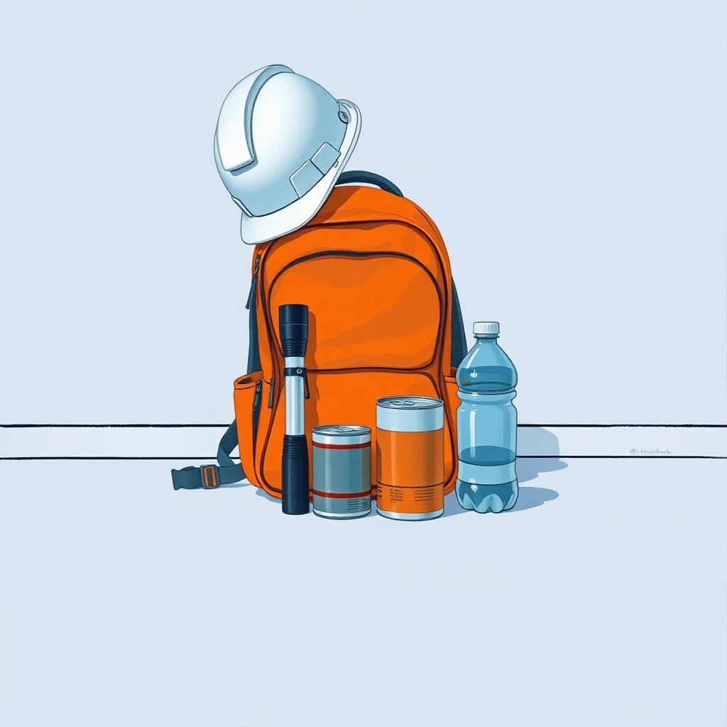 ヘルメットと懐中電灯・非常食をまとめた防災用品のグアッシュ画風イラスト