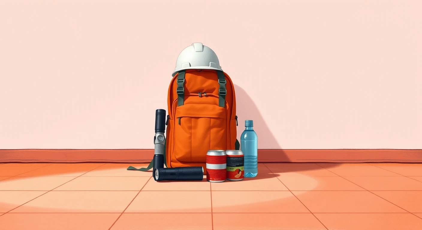ヘルメットと懐中電灯・非常食をまとめた防災用品のグアッシュ画風イラスト