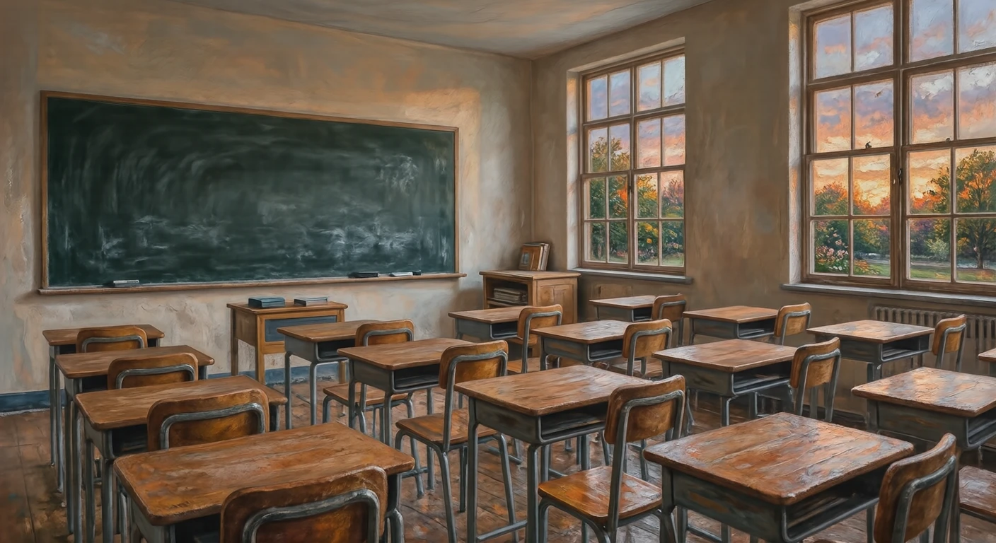 Illustration of the blackboard in an empty classroom in the evening (realistic)