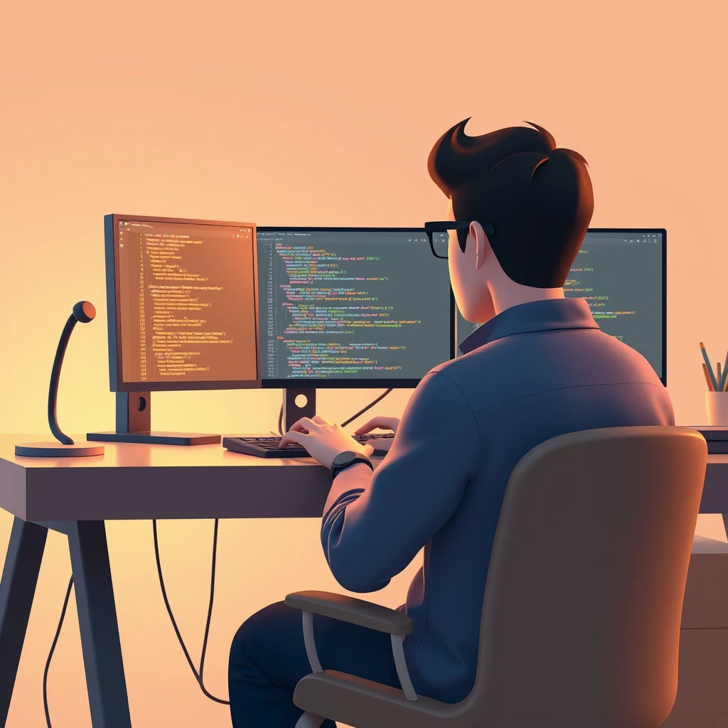 Illustration of one engineer sitting in front of two monitors and reading the code on the left one, at a desk at home, while working through a task (soft 3D)