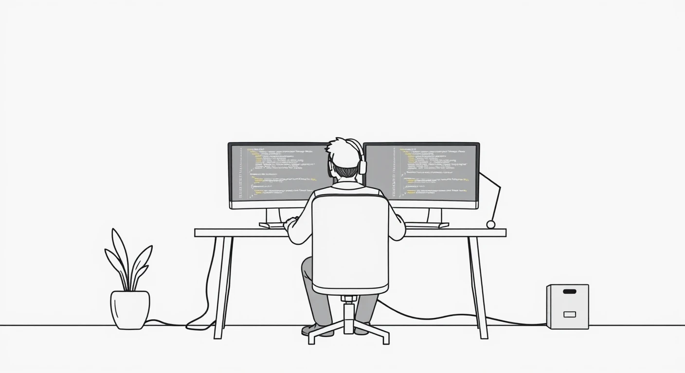 Illustration of one engineer sitting in front of two monitors and reading the code on the left one, at a desk at home, while working through a task (simple line art)