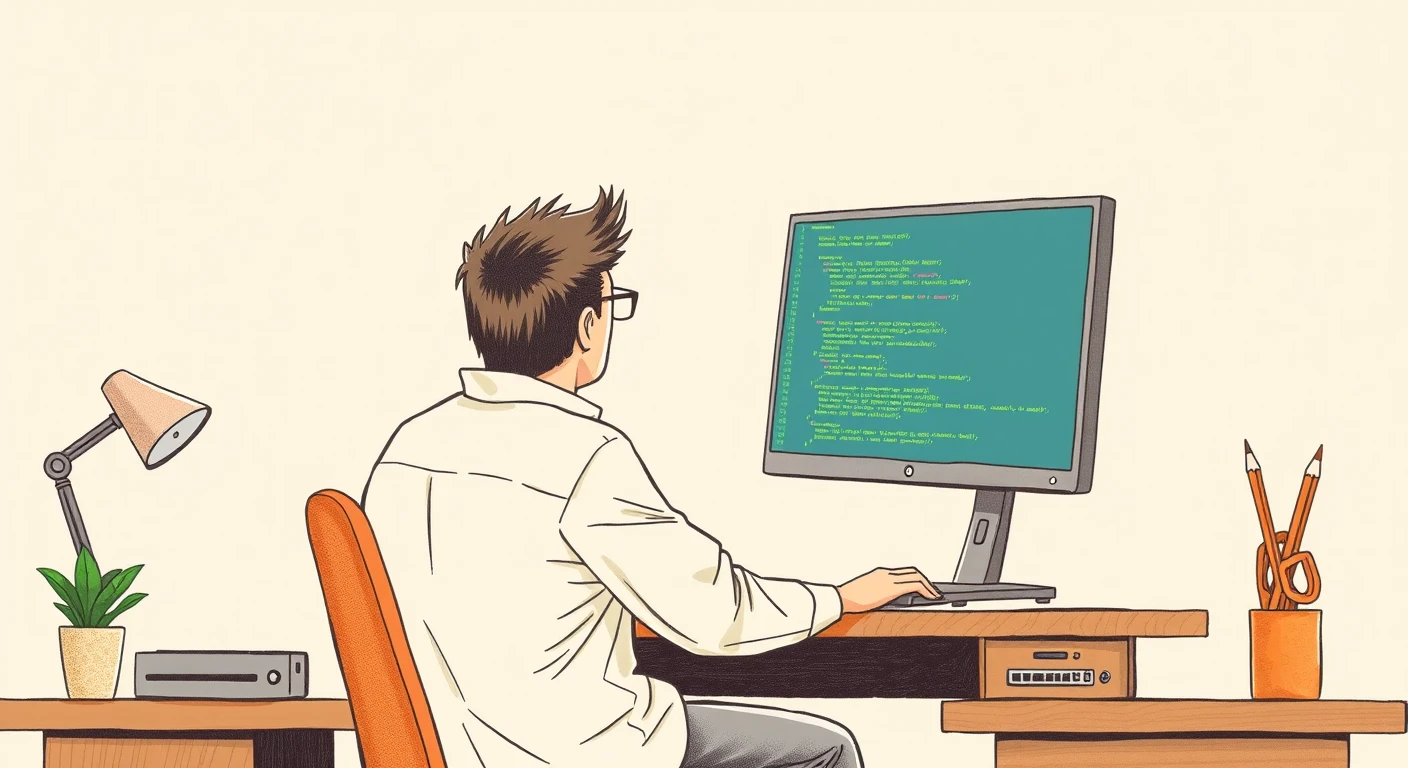 Illustration of one engineer sitting in front of two monitors and reading the code on the left one, at a desk at home, while working through a task (colored pencil)
