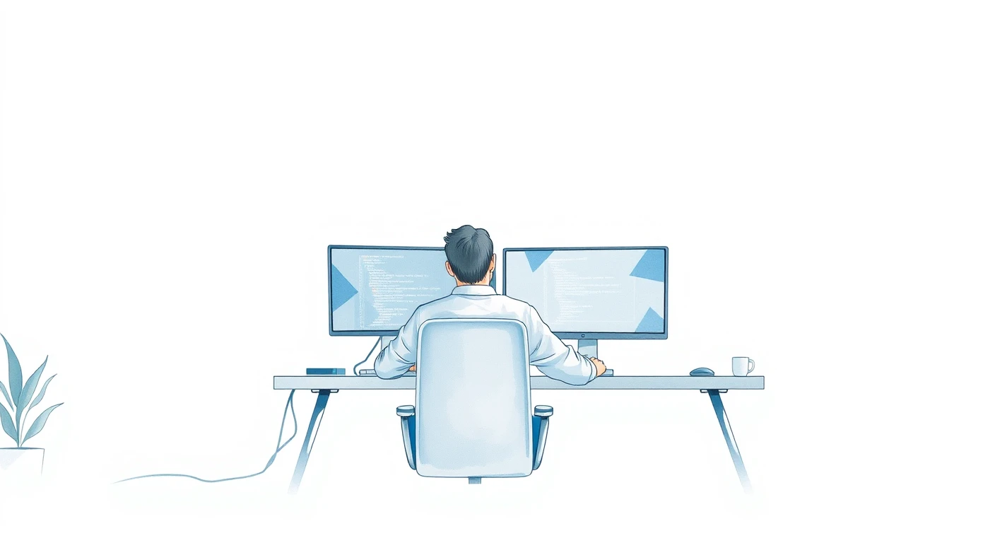 Illustration of one engineer sitting in front of two monitors and reading the code on the left one, at a desk at home, while working through a task (watercolor)