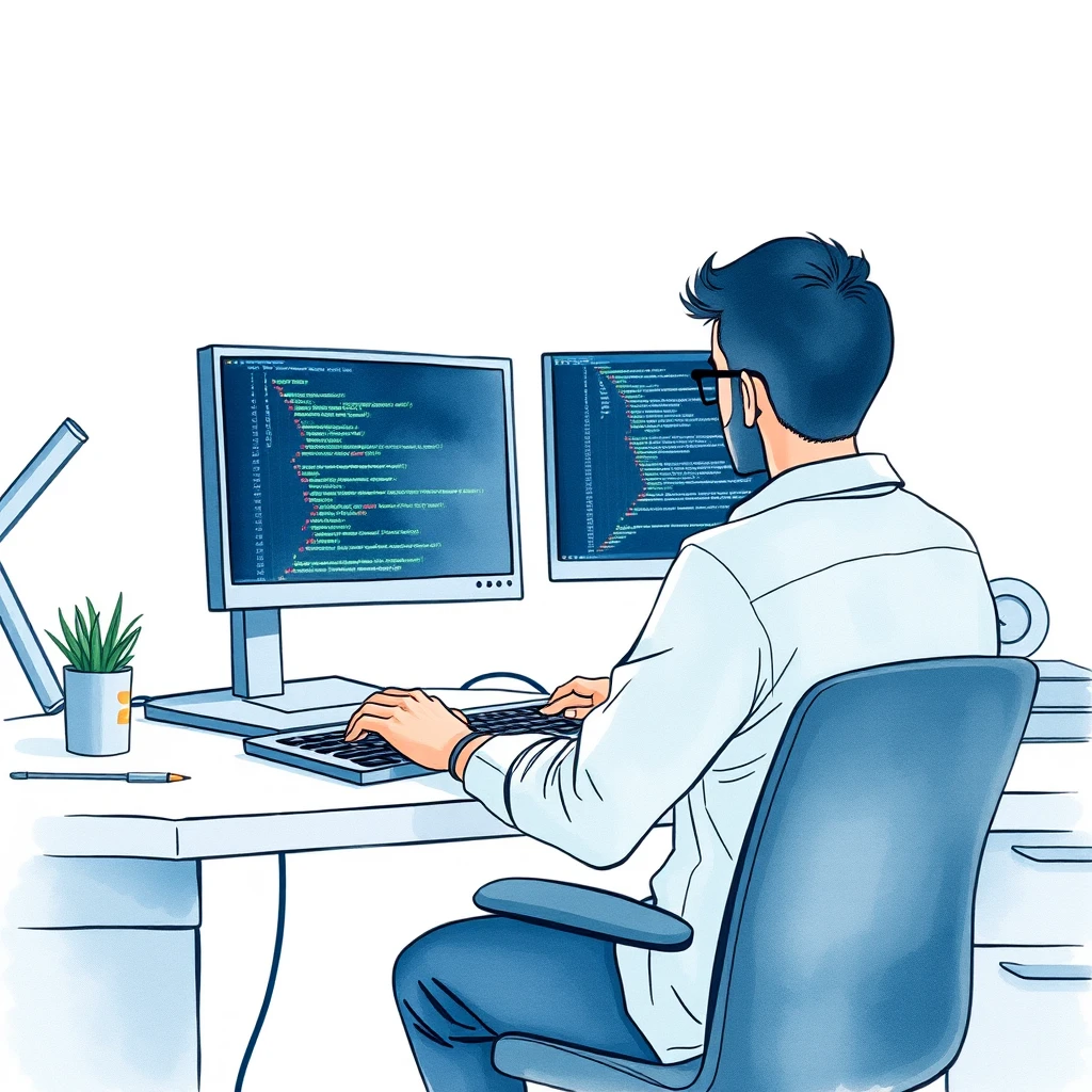 Illustration of one engineer sitting in front of two monitors and reading the code on the left one, at a desk at home, while working through a task (watercolor)