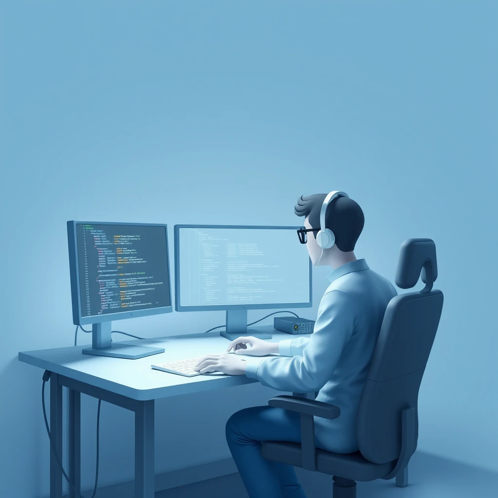 Illustration of one engineer sitting in front of two monitors and reading the code on the left one, in a quiet office, during a development sprint (soft 3D)