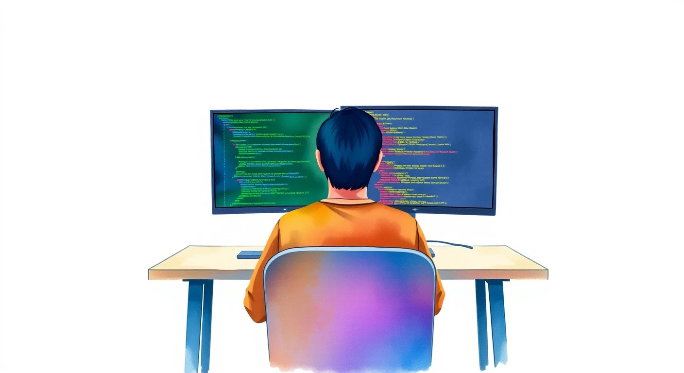 Illustration of one engineer sitting in front of two monitors and reading the code on the left one, in a quiet office, during a development sprint (watercolor)