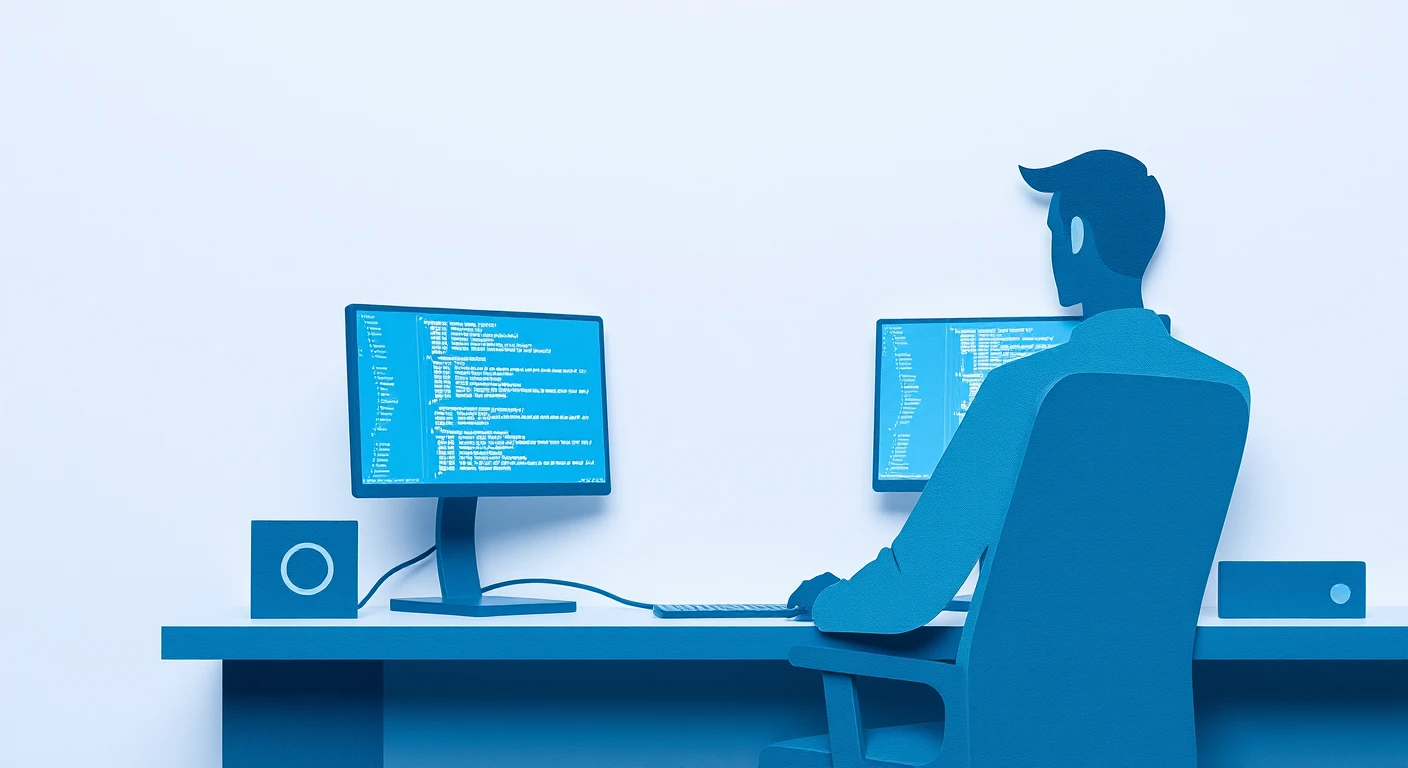 Illustration of one engineer sitting in front of two monitors and reading the code on the left one, in a quiet office, during a development sprint (paper cut-out)