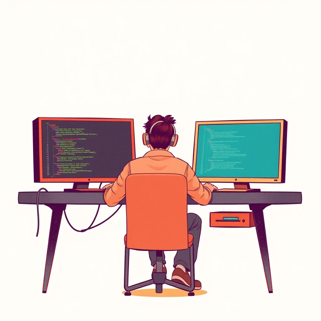 Illustration of one engineer sitting in front of two monitors and reading the code on the left one, in a quiet office, during a development sprint (retro print)