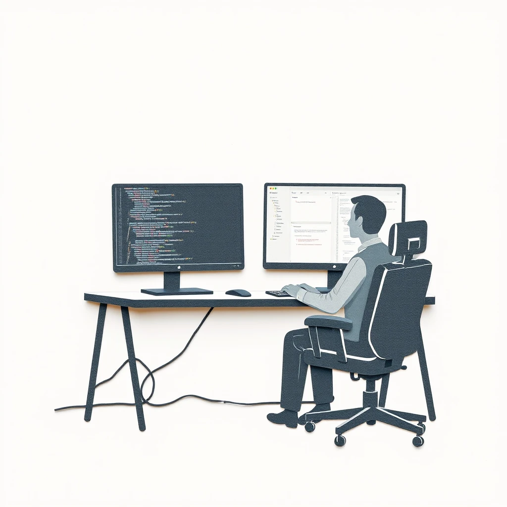 Illustration of one engineer sitting in front of two monitors and reading the code on the left one, in a quiet office, during a development sprint (paper cut-out)