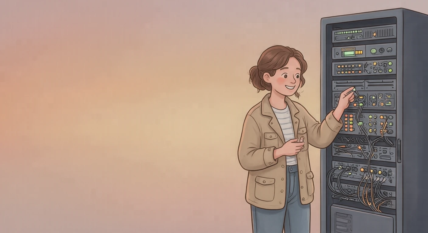 オフィスでサーバーラックのランプを確認するエンジニアのイラスト(ソフトパステル)