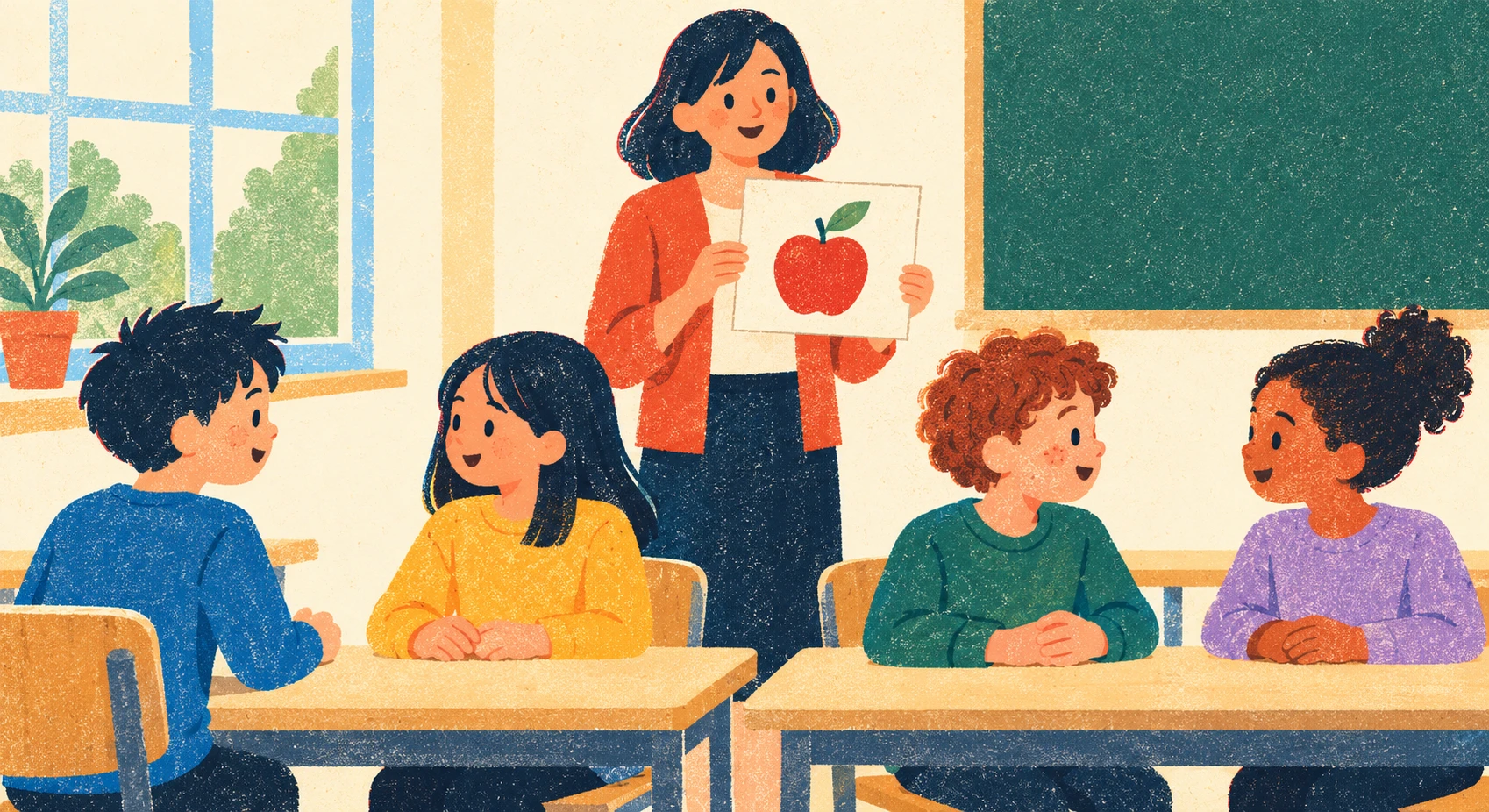 英語の授業で会話練習をする生徒と先生のイラスト(レトロ印刷)