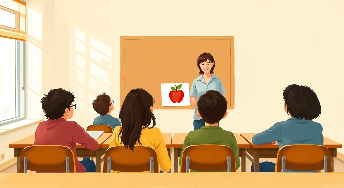 英語の授業で会話練習をする生徒と先生のイラスト