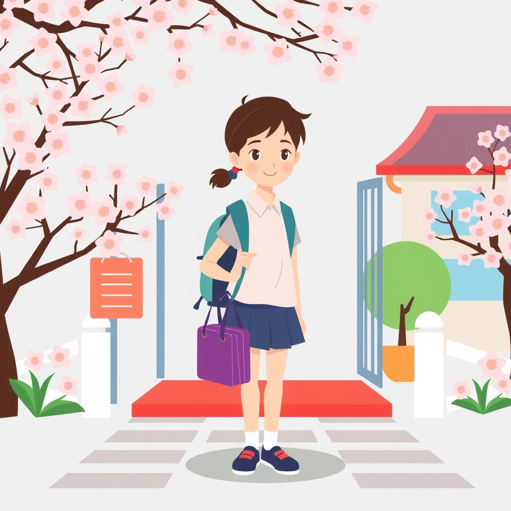 Flat illustration of a student at a spring entrance ceremony with cherry blossoms