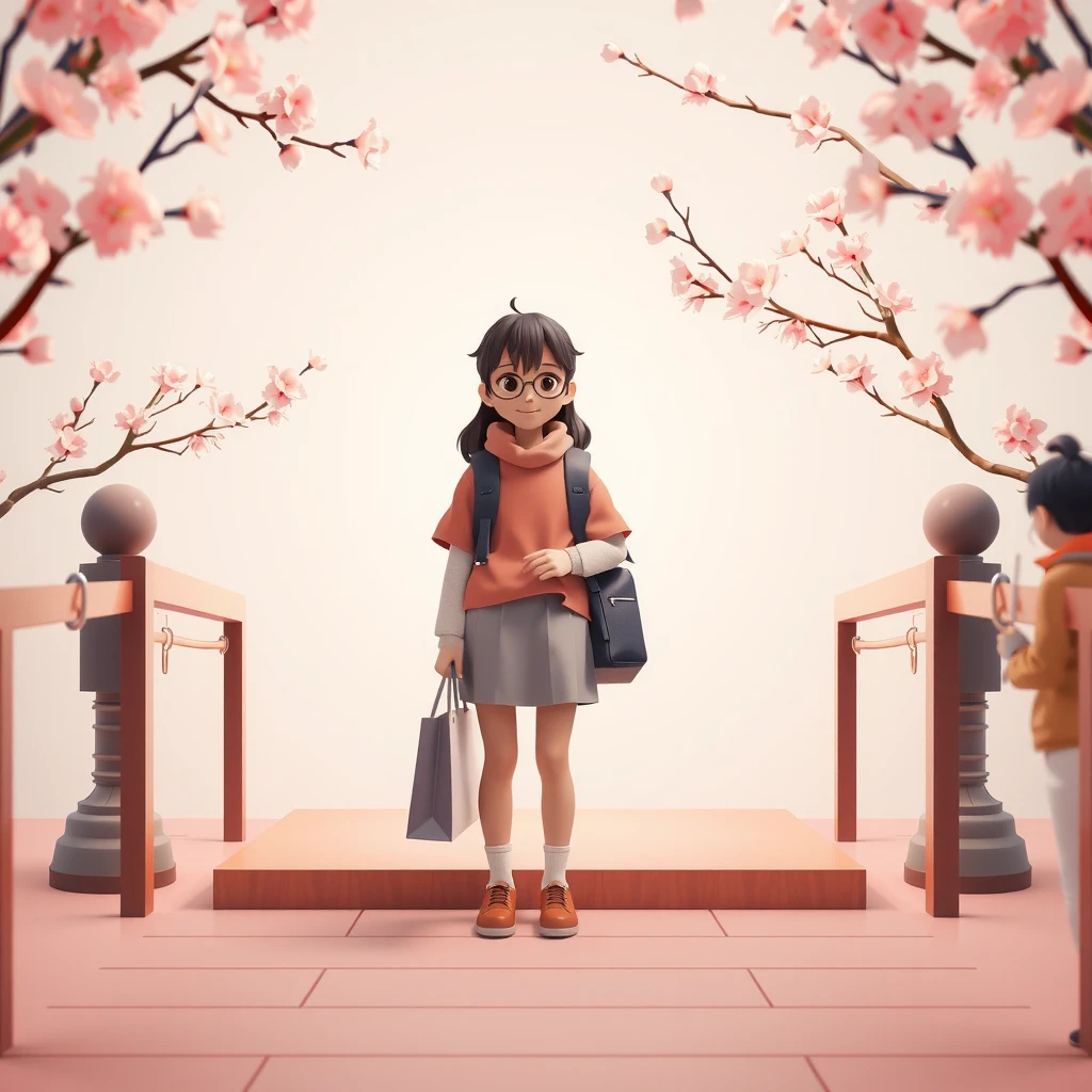 桜の咲く入学式で校門に立つ生徒のソフトな3Dイラスト