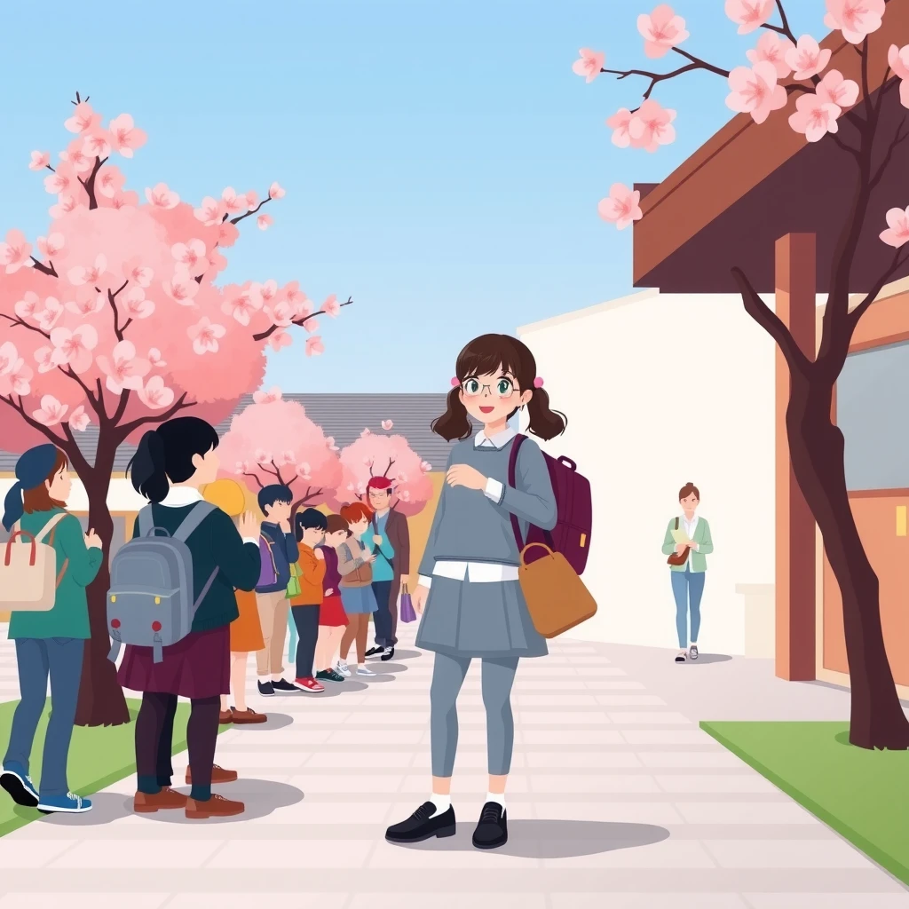 Flat illustration of a student at a spring entrance ceremony with cherry blossoms