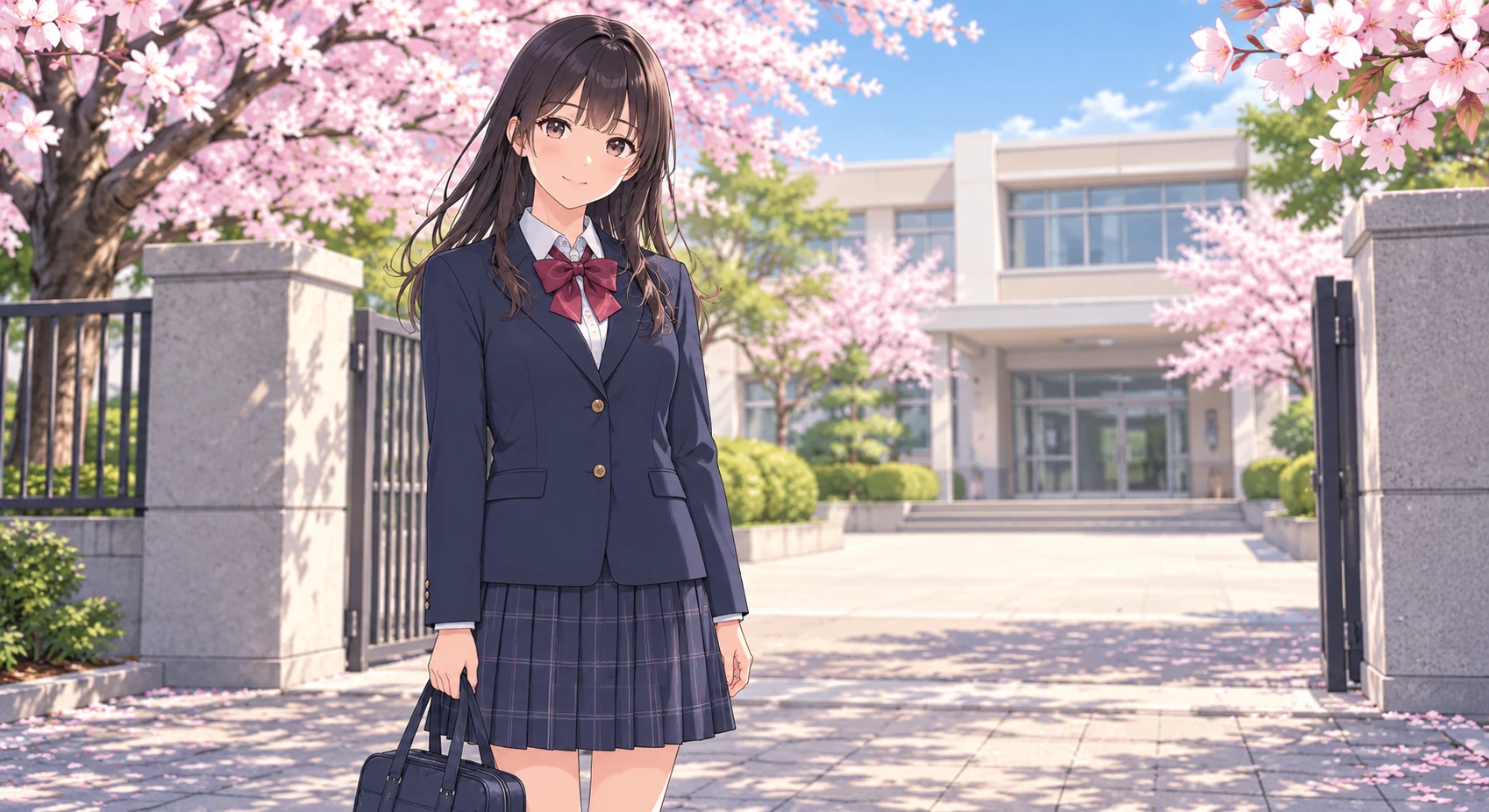 Illustration of a student at a spring entrance ceremony with cherry blossoms (anime cel-shaded)