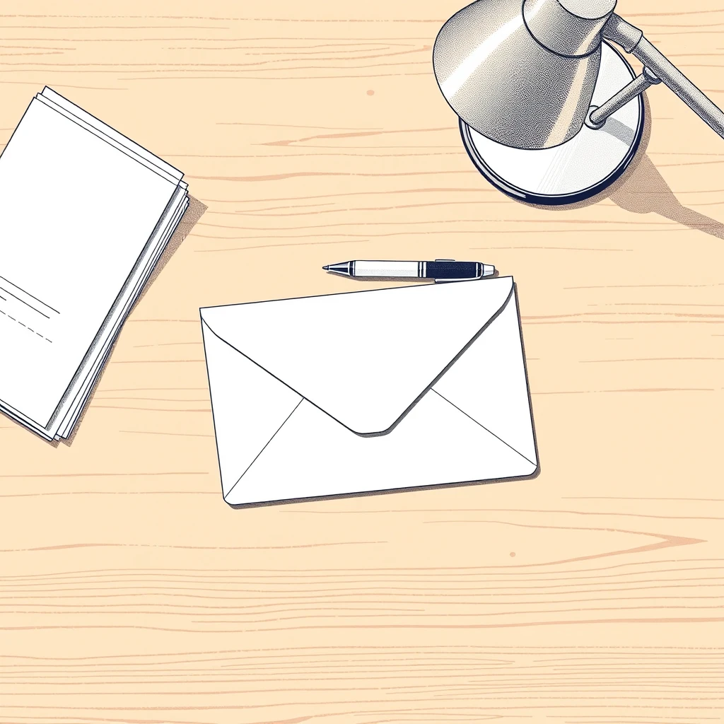 机の上の封筒と便箋のレトロ印刷風イラスト