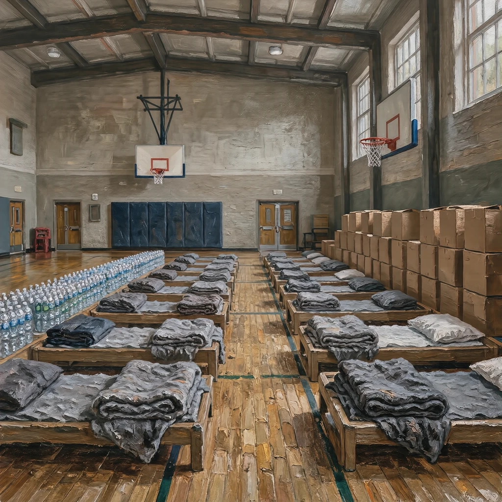 Illustration of a school gymnasium used as an evacuation shelter (oil painting)