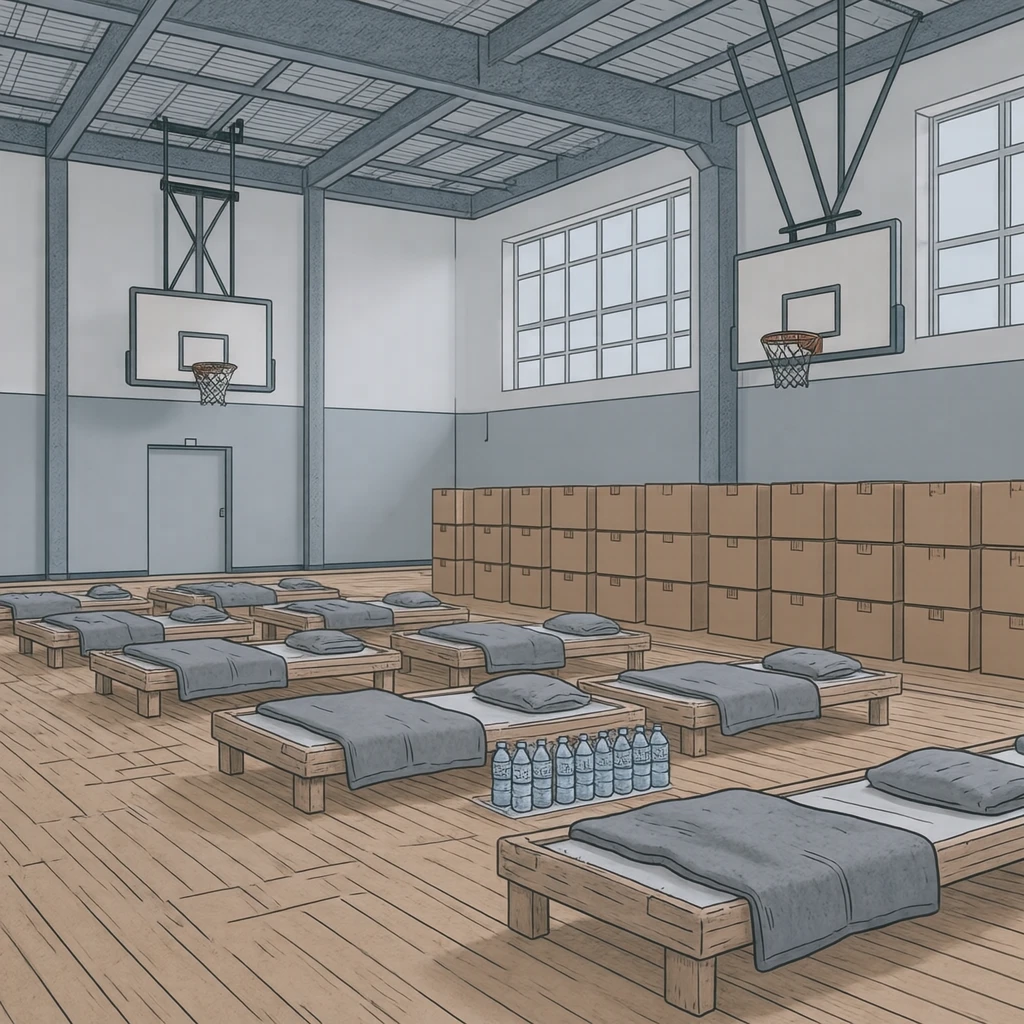 Illustration of a school gymnasium used as an evacuation shelter (simple line art)