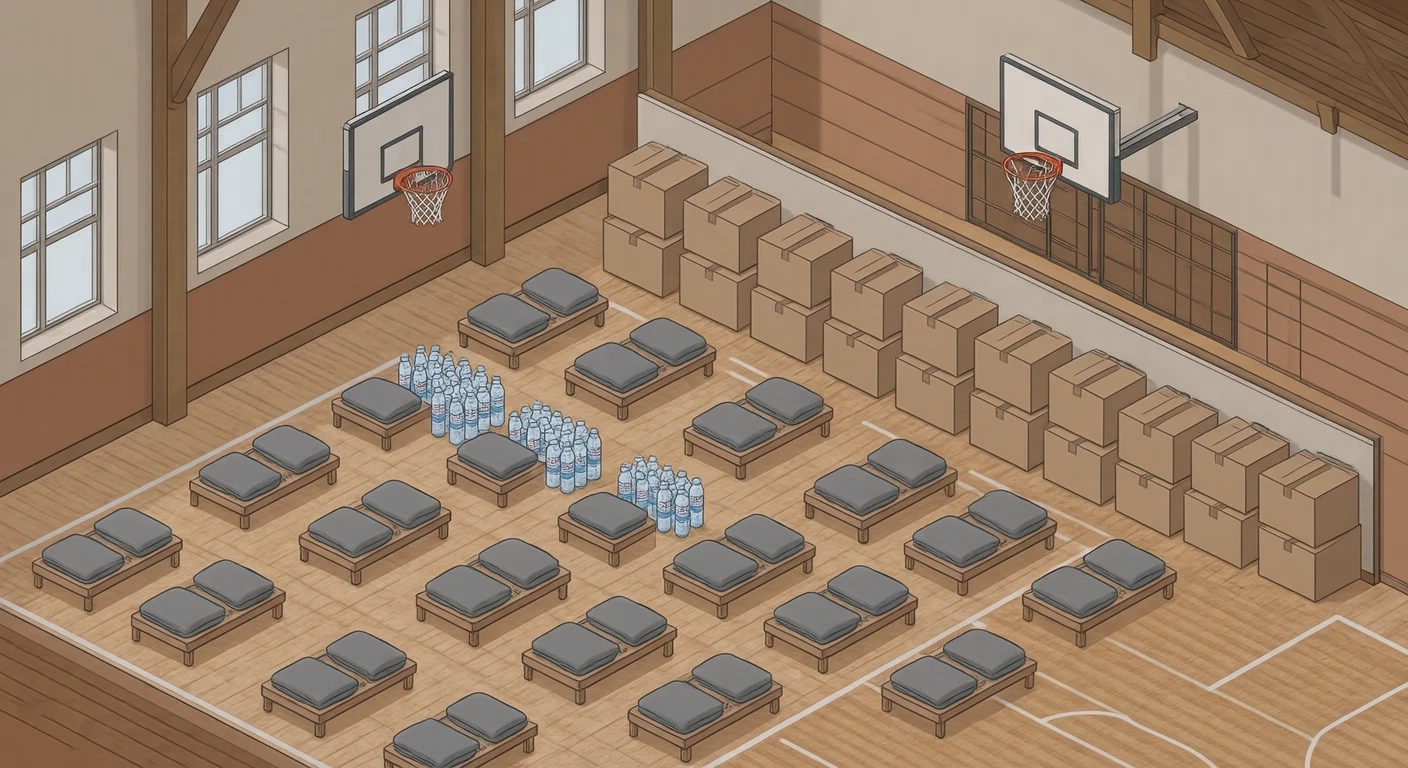 Illustration of a school gymnasium used as an evacuation shelter (isometric)