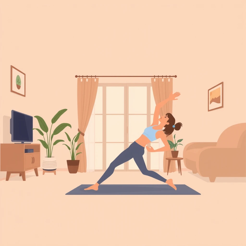 Illustration of exerciser, exercise, yoga, yoga mat, in a home