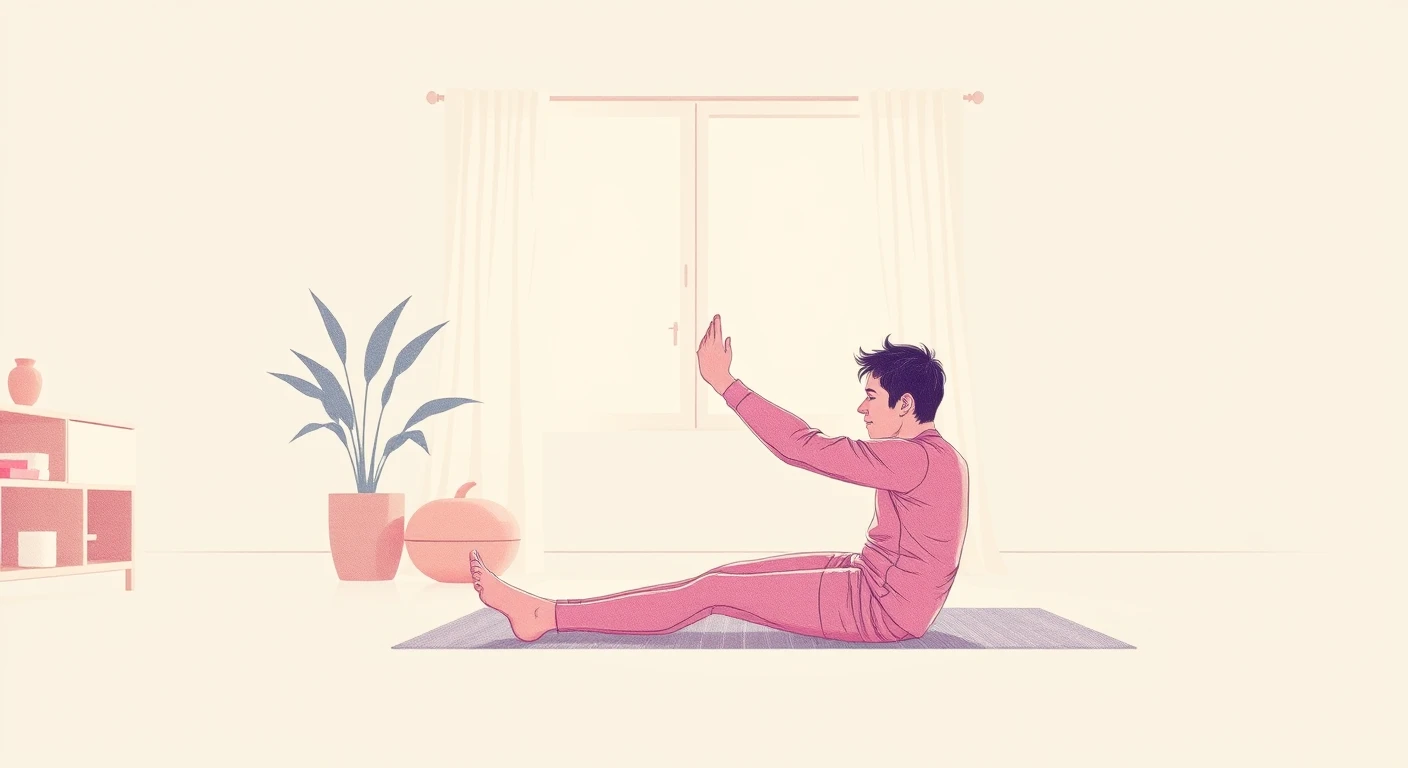 運動の自宅で座って前屈する運動する人のイラスト（レトロ印刷）