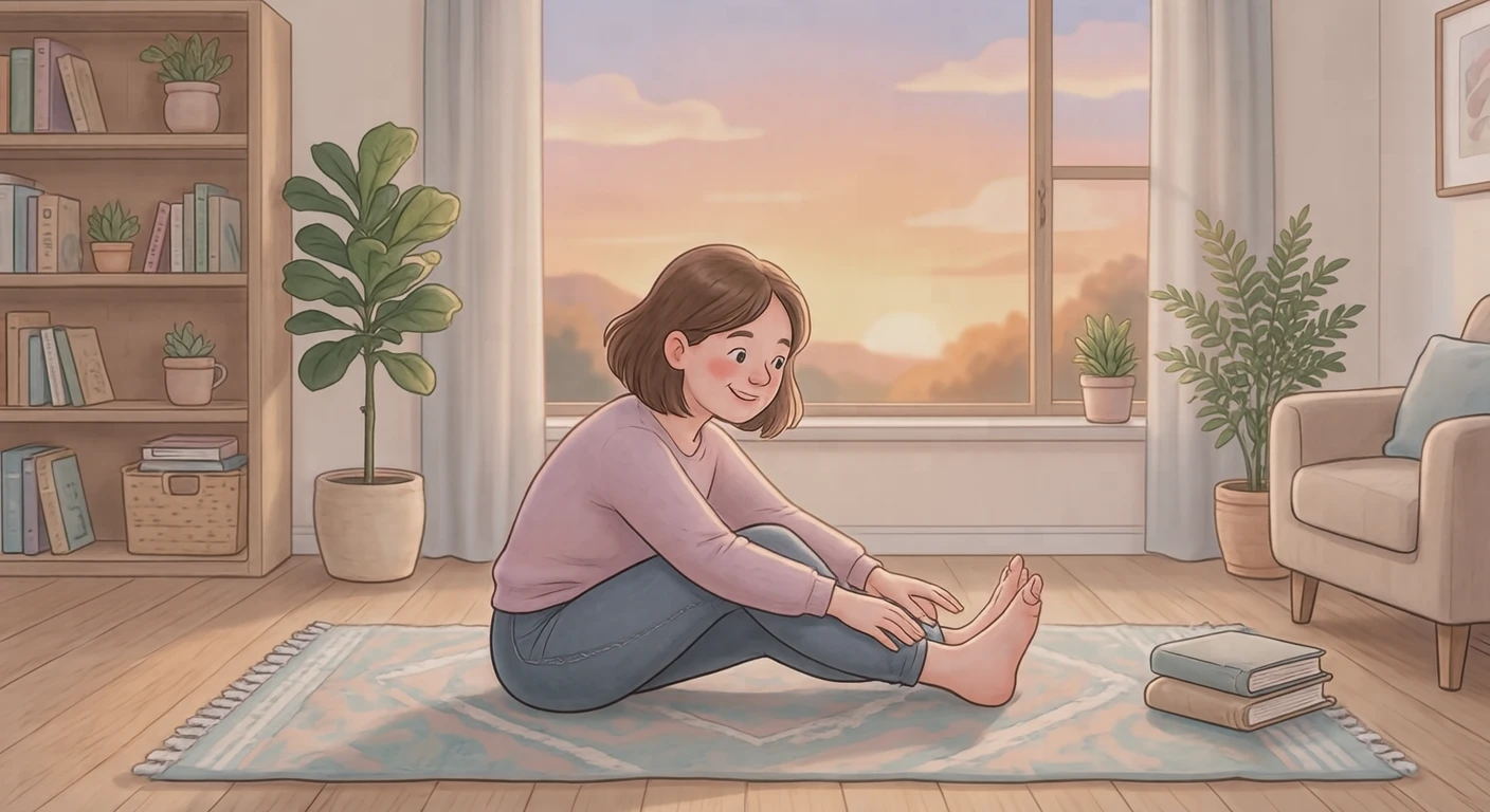 運動の自宅で座って前屈する運動する人のイラスト（ソフトパステル）