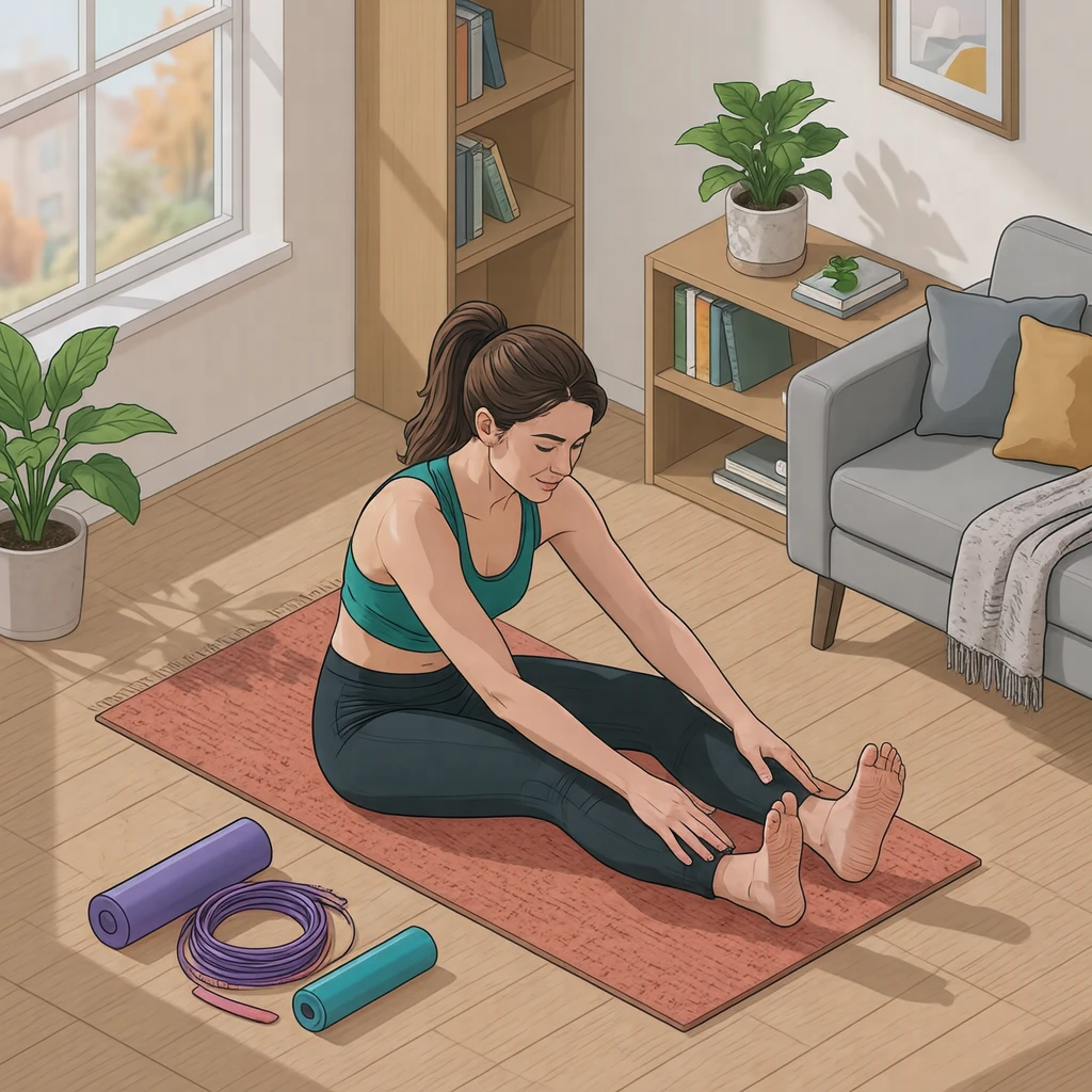 運動の自宅で座って前屈する運動する人のイラスト（アイソメトリック）