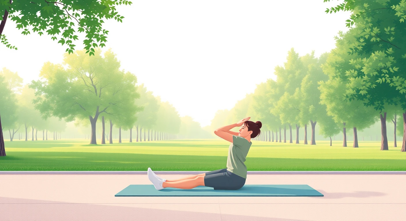 運動の公園で座って前屈する運動する人のイラスト（ソフトパステル）