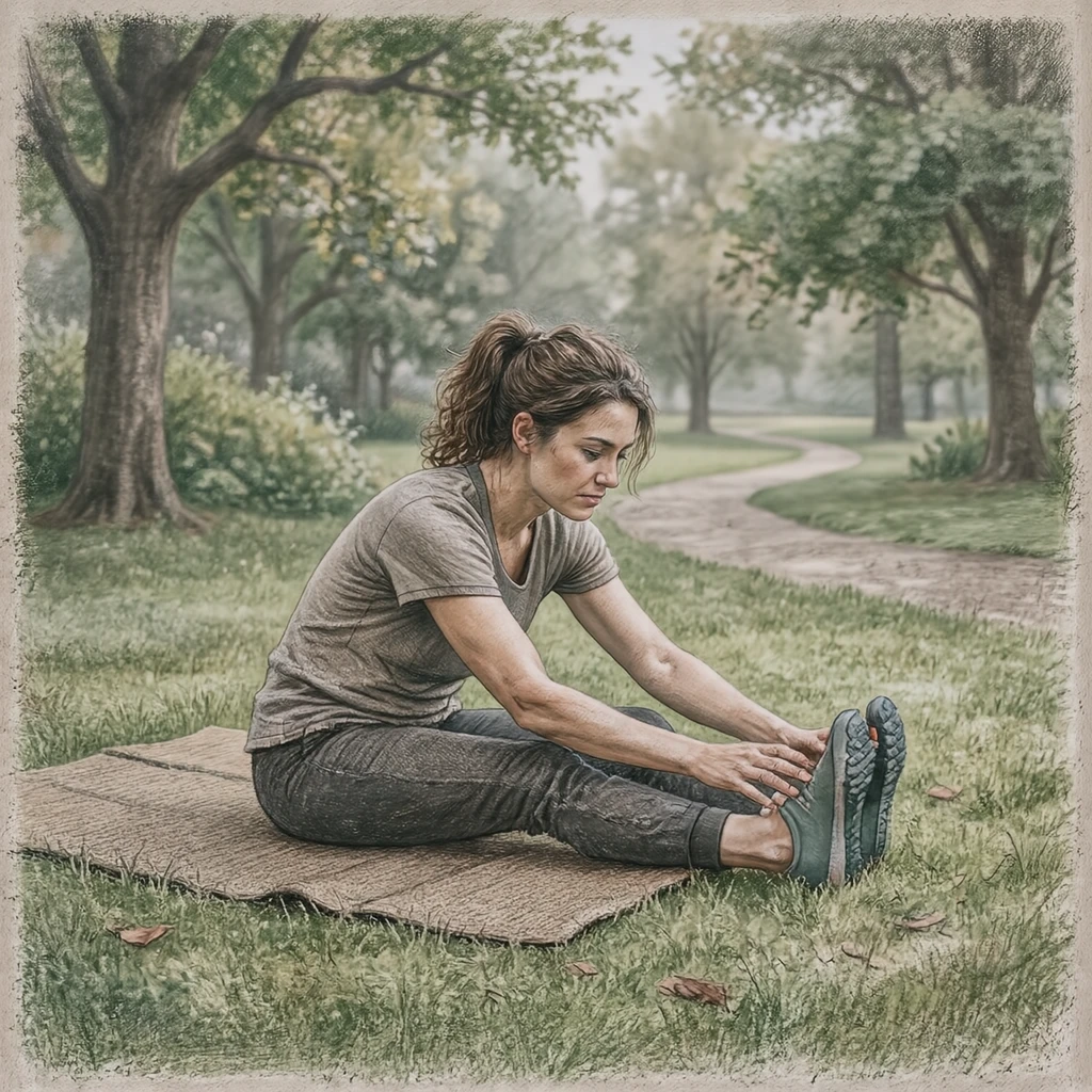 公園で座って前屈する運動する人のイラスト（色鉛筆）