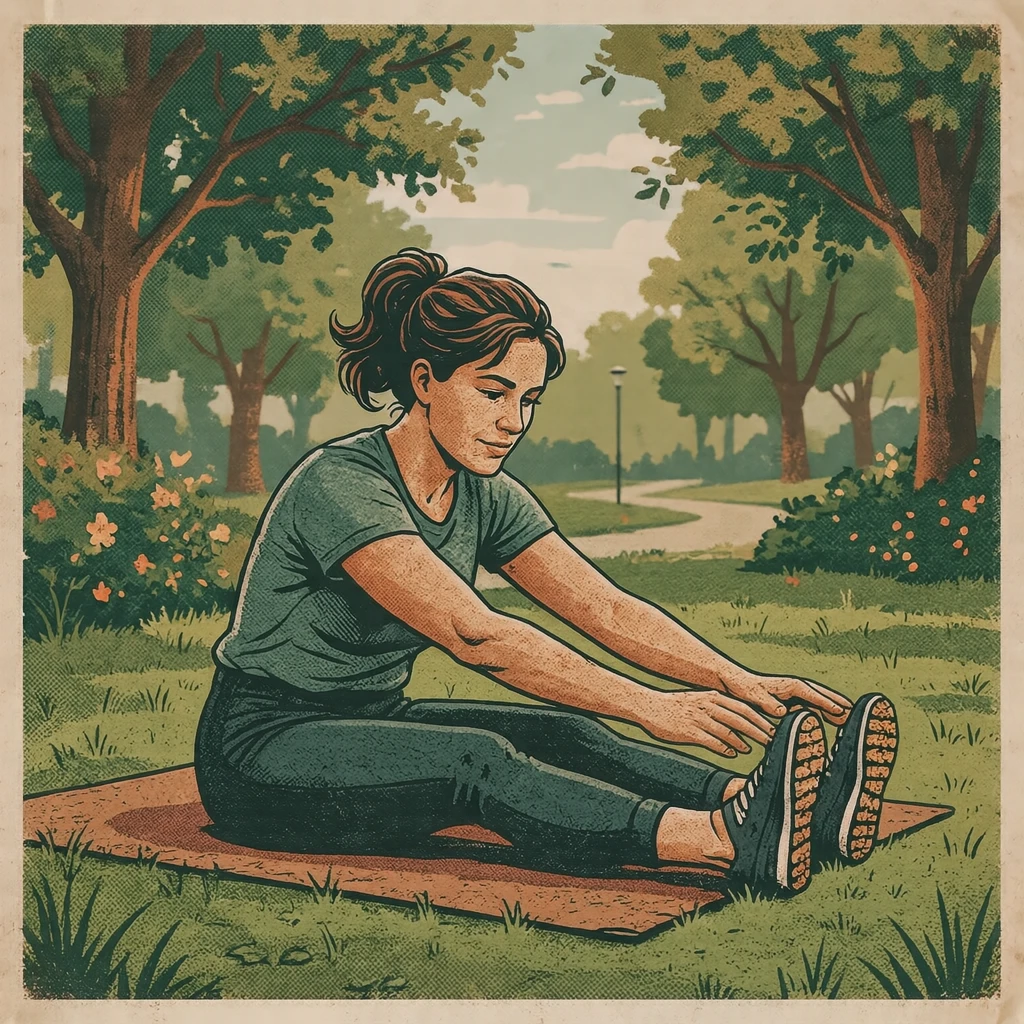 運動の公園で座って前屈する運動する人のイラスト（レトロ印刷）