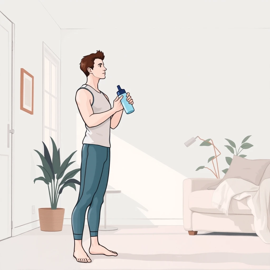運動の自宅で水分をとる運動する人のイラスト（グアッシュ）