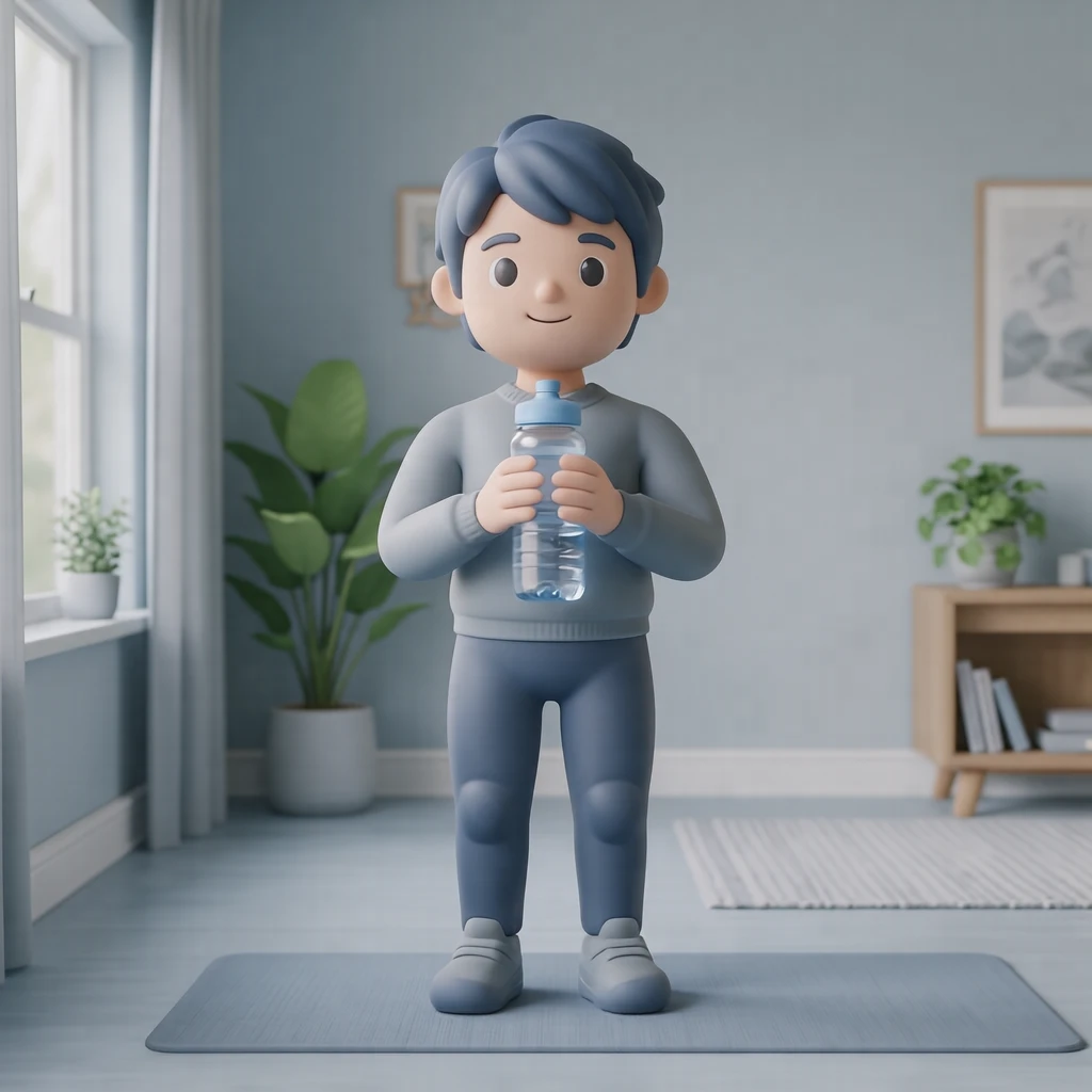 自宅で水分をとる運動する人のイラスト（ソフト3D）