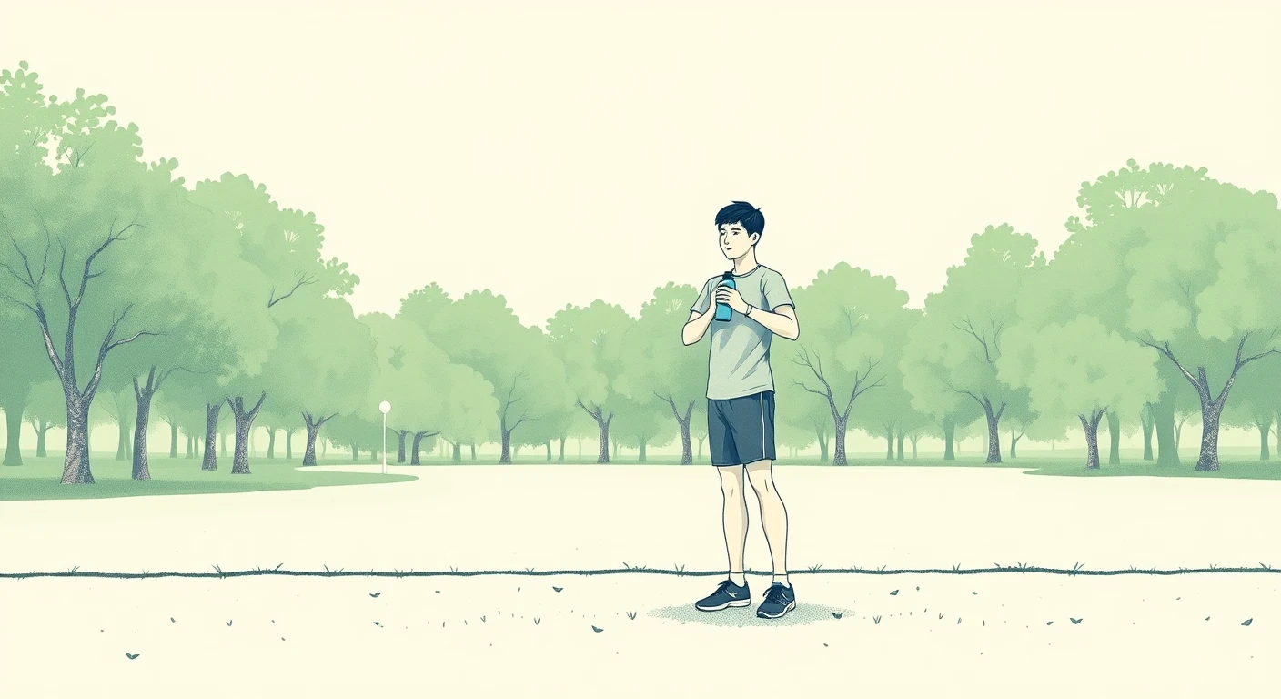 運動の公園で水分をとる運動する人のイラスト（レトロ印刷）