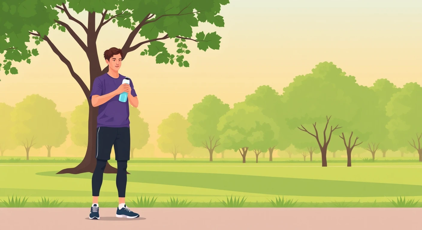 運動の公園で水分をとる運動する人のイラスト（フラットイラスト）