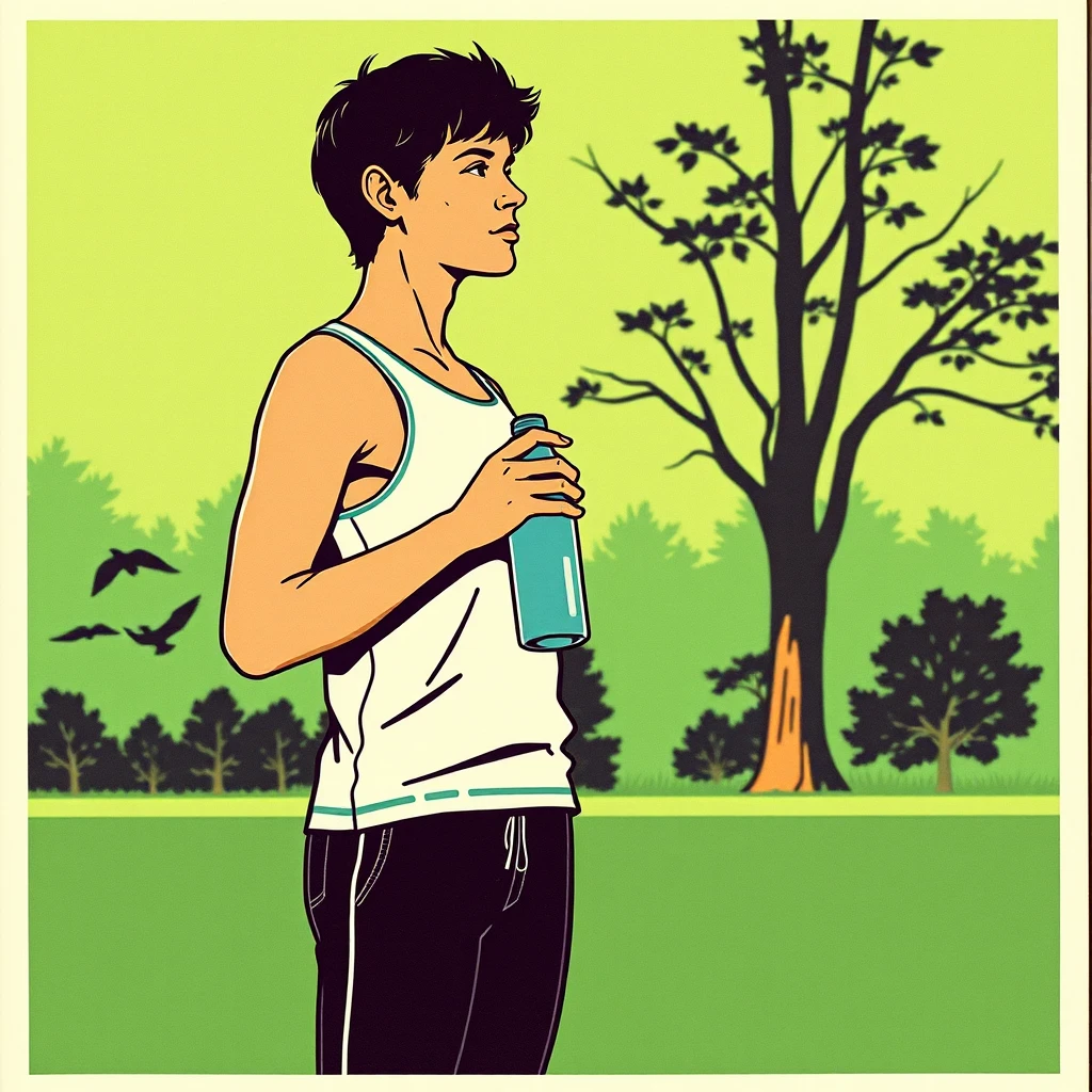 運動の公園で水分をとる運動する人のイラスト（レトロ印刷）
