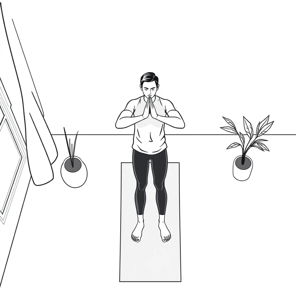 運動の自宅でヨガマットの上で立つ運動する人のイラスト（シンプル線画）