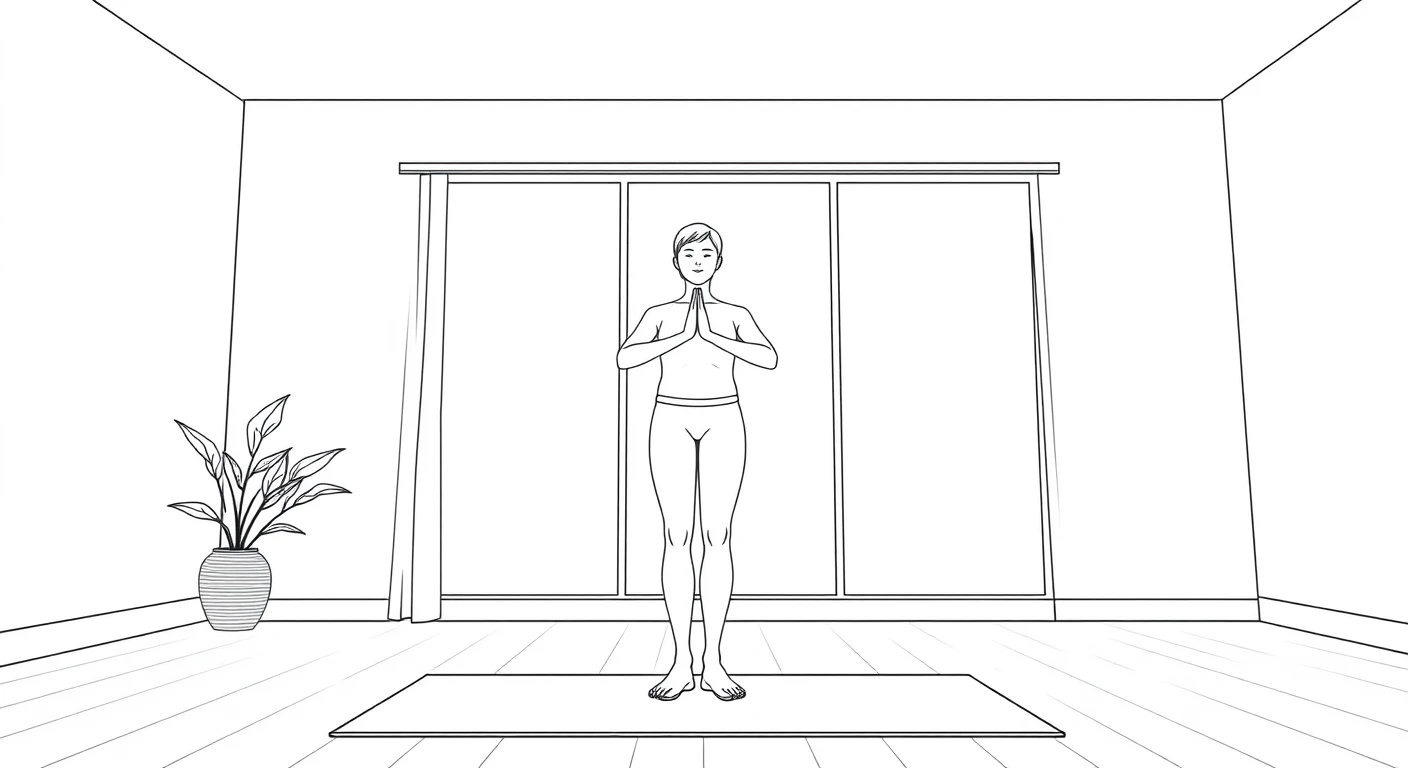 運動の自宅でヨガマットの上で立つ運動する人のイラスト（シンプル線画）