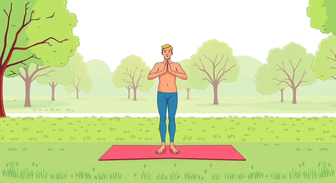 運動の公園でヨガマットの上で立つ運動する人のイラスト（シンプル線画）