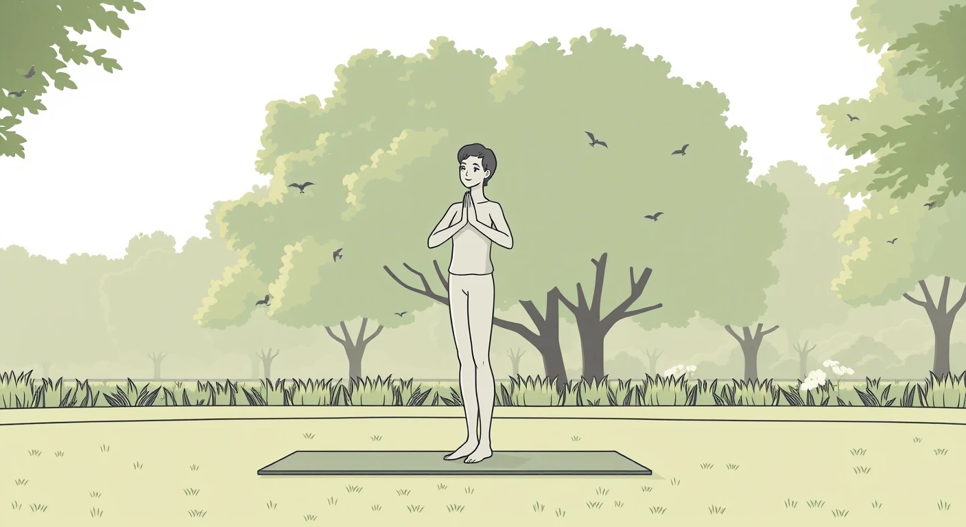運動の公園でヨガマットの上で立つ運動する人のイラスト（シンプル線画）